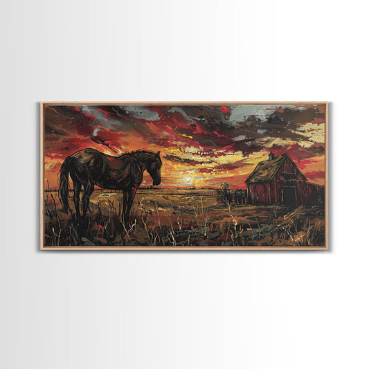 Dark Horse at Sunset with Barn, Stunning Abstract Art, Framed Canvas Print, Boho Wall Art, Bedroom Decor, Unique Home Decoration