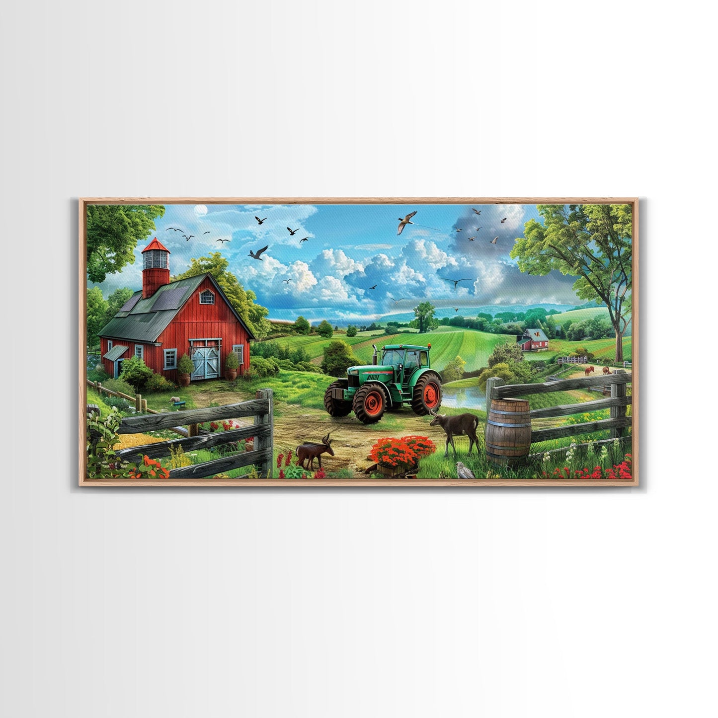 Green Tractor Near Red Barn in Countryside, Charming Farm Art, Framed Canvas Print, Country Living Room Decor, Wall Art