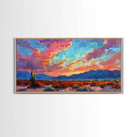 Road Through Desert at Sunset, Colorful Southwestern Art, Framed Canvas Print, Boho Wall Decor, Rustic Living Room Art, Desert Scene