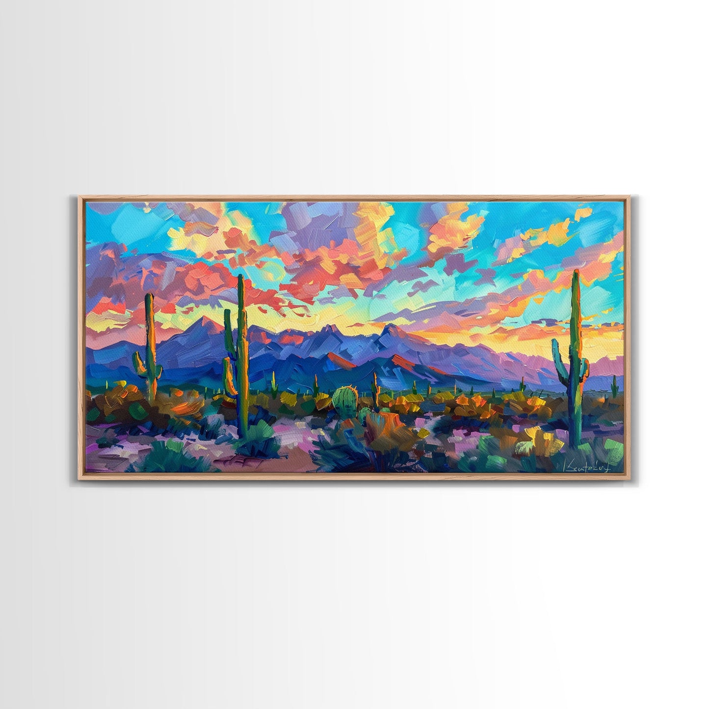 Expansive Desert Landscape at Sunset, Colorful Southwestern Art, Framed Canvas Print, Boho Living Room Wall Decor, Desert Scene