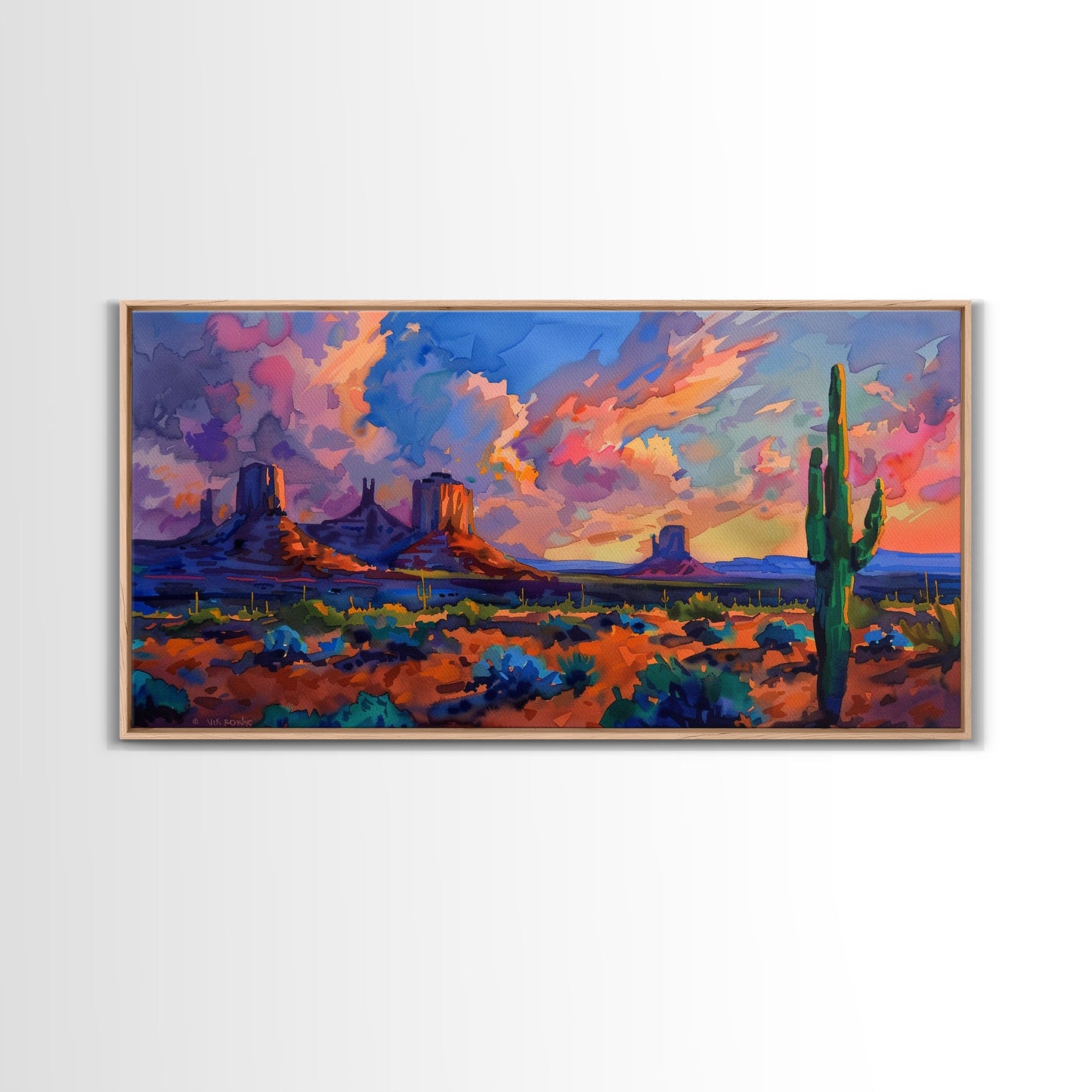 Radiant Mountain Sunset with Saguaro Cacti, Framed Canvas Print for Living Room Art, Perfect for Boho and Southwestern Decor