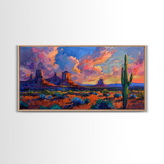 Radiant Mountain Sunset with Saguaro Cacti, Framed Canvas Print for Living Room Art, Perfect for Boho and Southwestern Decor