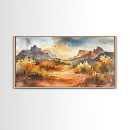 Serene Desert Landscape with Mountains and Sunlit Sky, Perfect Framed Canvas Print for Living Room, Boho Wall Art, Nature Decor