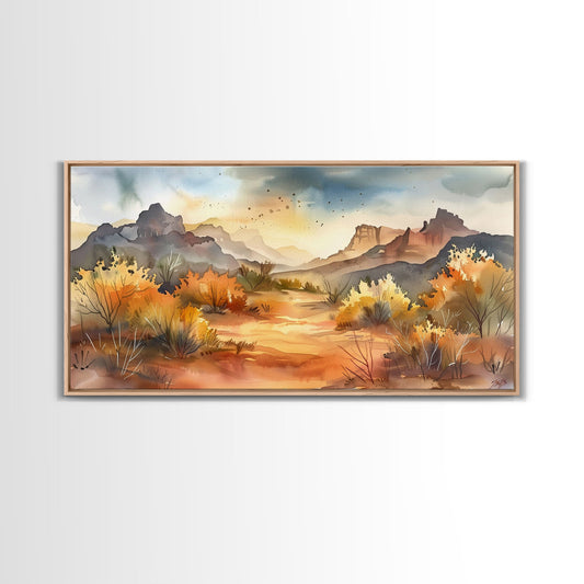 Serene Desert Landscape with Mountains and Sunlit Sky, Perfect Framed Canvas Print for Living Room, Boho Wall Art, Nature Decor