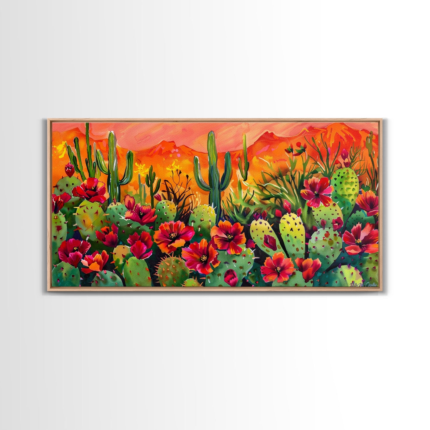 Colorful cactus garden in desert sunset, Framed Canvas Print, perfect for farmhouse living room, bohemian wall art