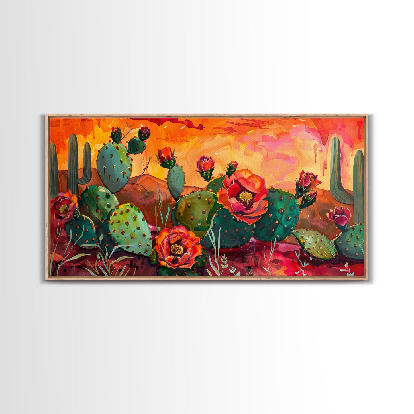 Prickly pear cacti with vibrant blooms in desert scene, Framed Canvas Print, great for modern living room, boho wall decor