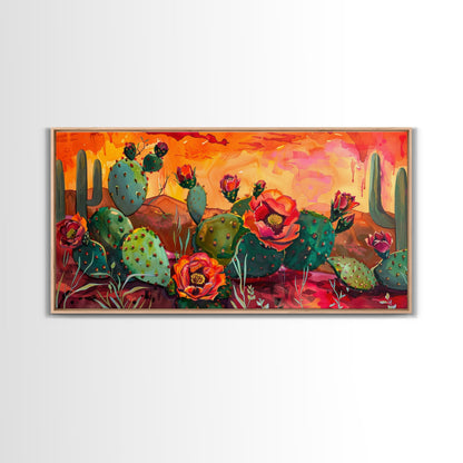 Prickly pear cacti with vibrant blooms in desert scene, Framed Canvas Print, great for modern living room, boho wall decor