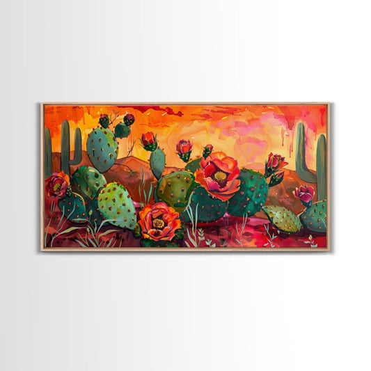 Prickly pear cacti with vibrant blooms in desert scene, Framed Canvas Print, great for modern living room, boho wall decor