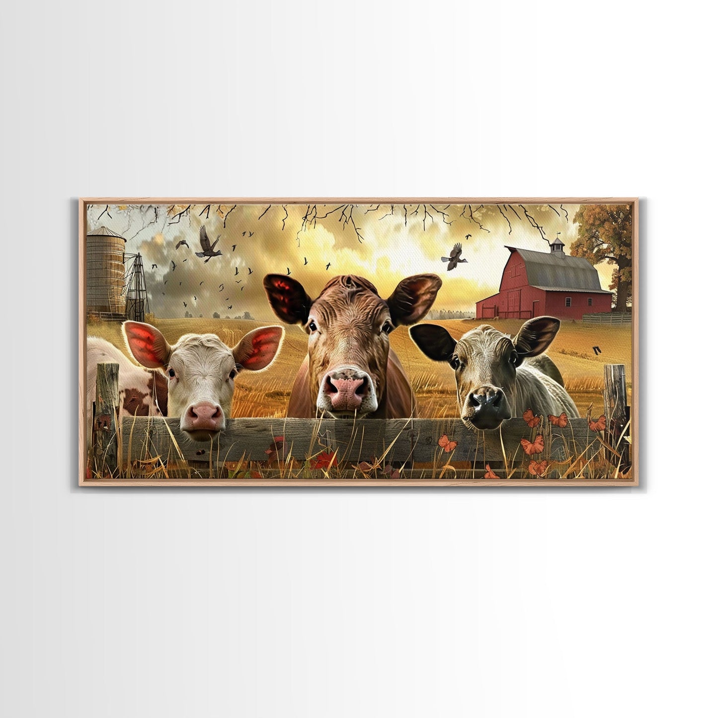 Cute cows peeking through barn fence, Framed Canvas Print, ideal for farmhouse living room, country style wall art decor