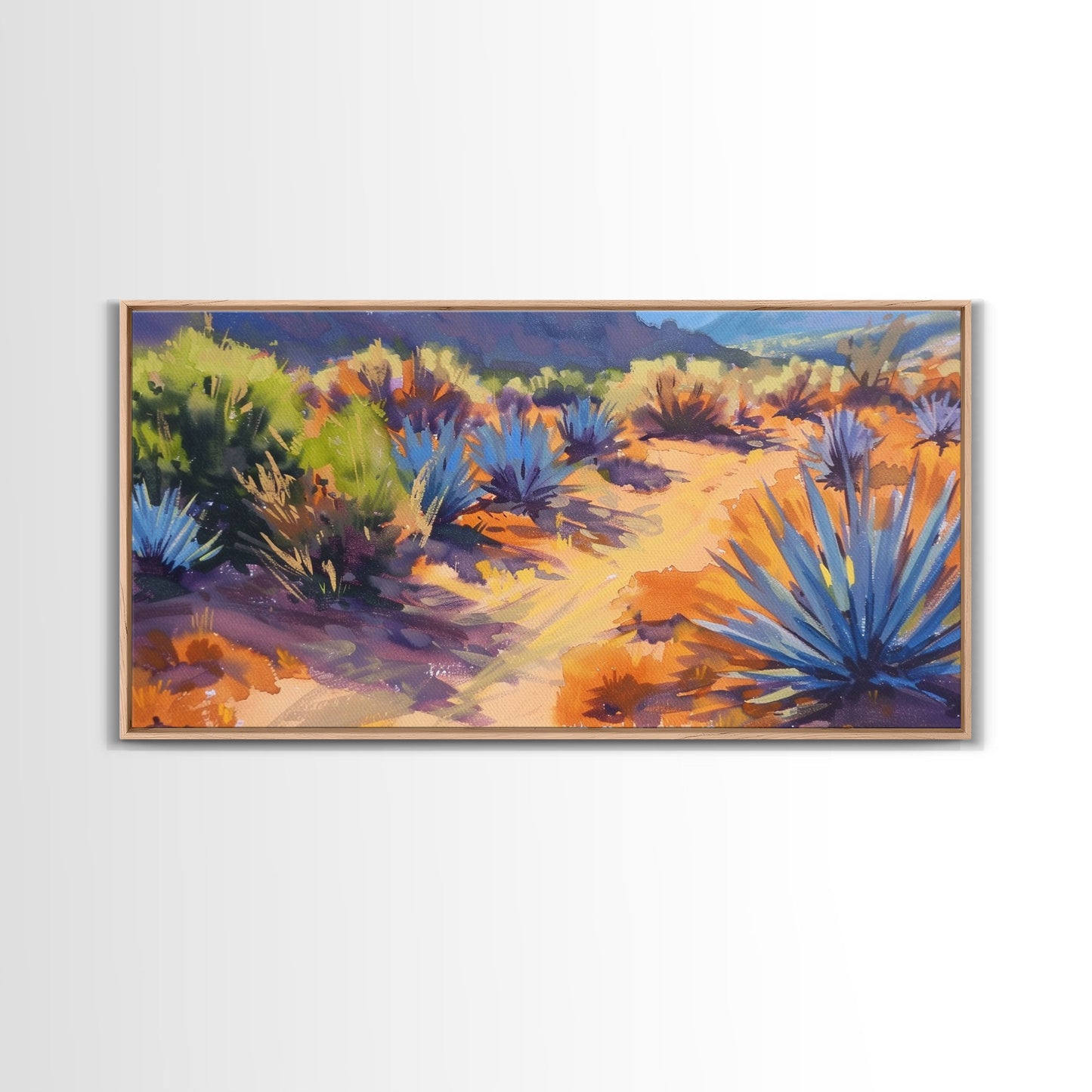 Desert Pathway with Vibrant Foliage, Perfect for Living Room Art, Framed Canvas Print, Bohemian Decor, Nature Inspired Wall Art