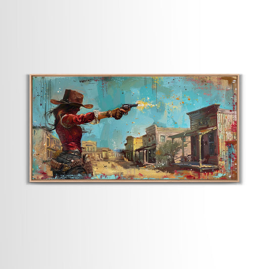 Framed Canvas Print Featuring Western Woman Shooting Revolver in Colorful Town, Ideal for Living Room Wall Art, Bedroom Decor