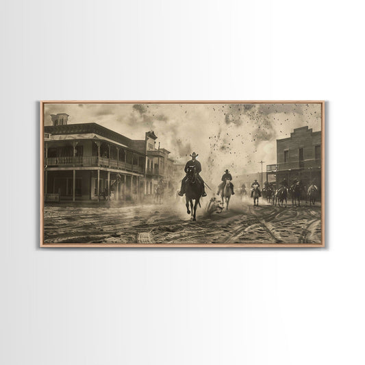 Cowboys Riding into Town, Vintage Framed Canvas Print Farmhouse Living Room Wall Art, Rustic Home Decor, Western Scene, Historical Art Piece