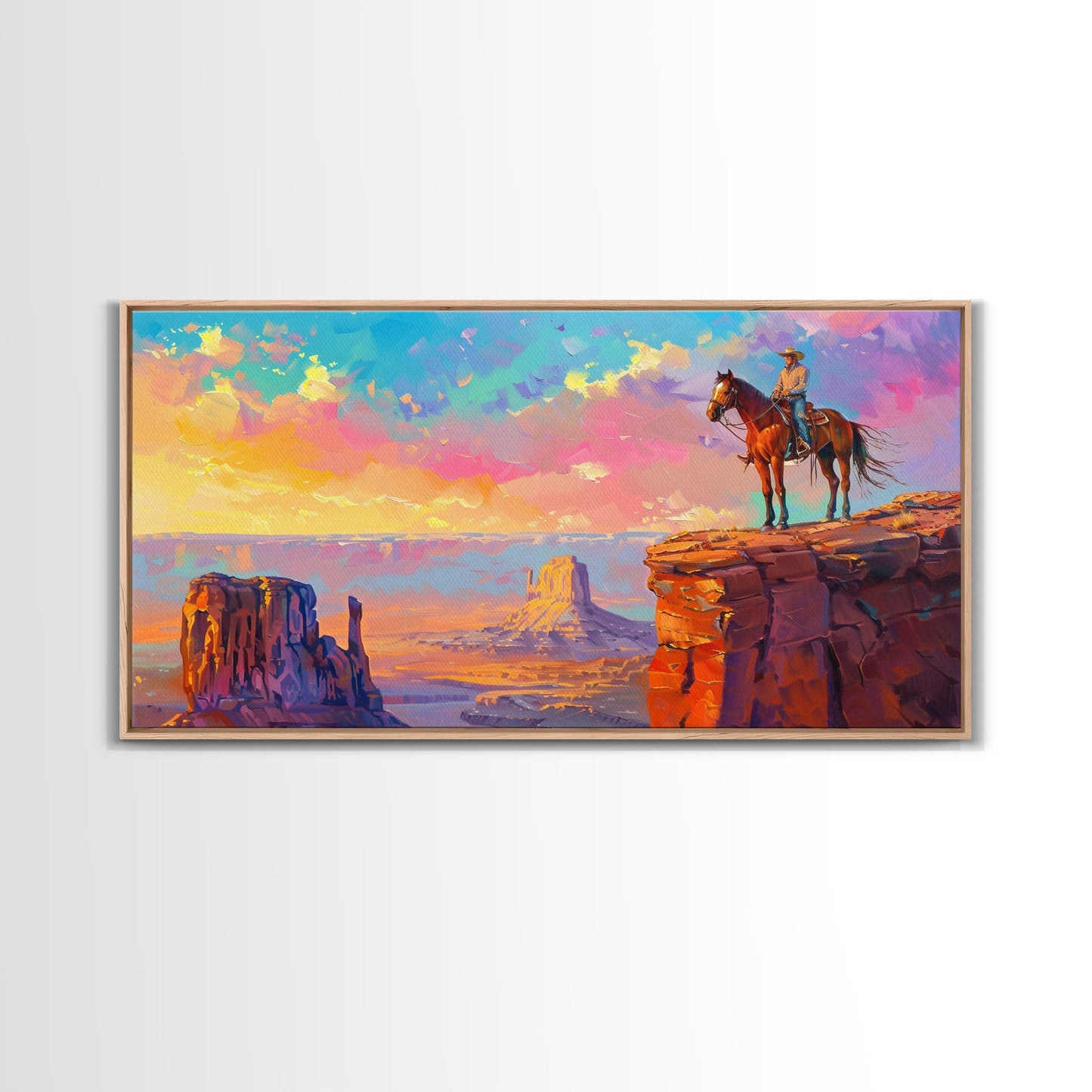 Cowboy Overlooking Monument Valley, Farmhouse Style Framed Canvas Print for Bedroom Wall Art, Rustic Home Decor, Scenic Western Landscape