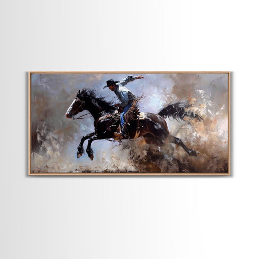 Colorful Cowboy Riding Horse in Dust, Farmhouse Style Framed Canvas Print for Living Room Wall Art, Vibrant Home Decor, Western Action Art