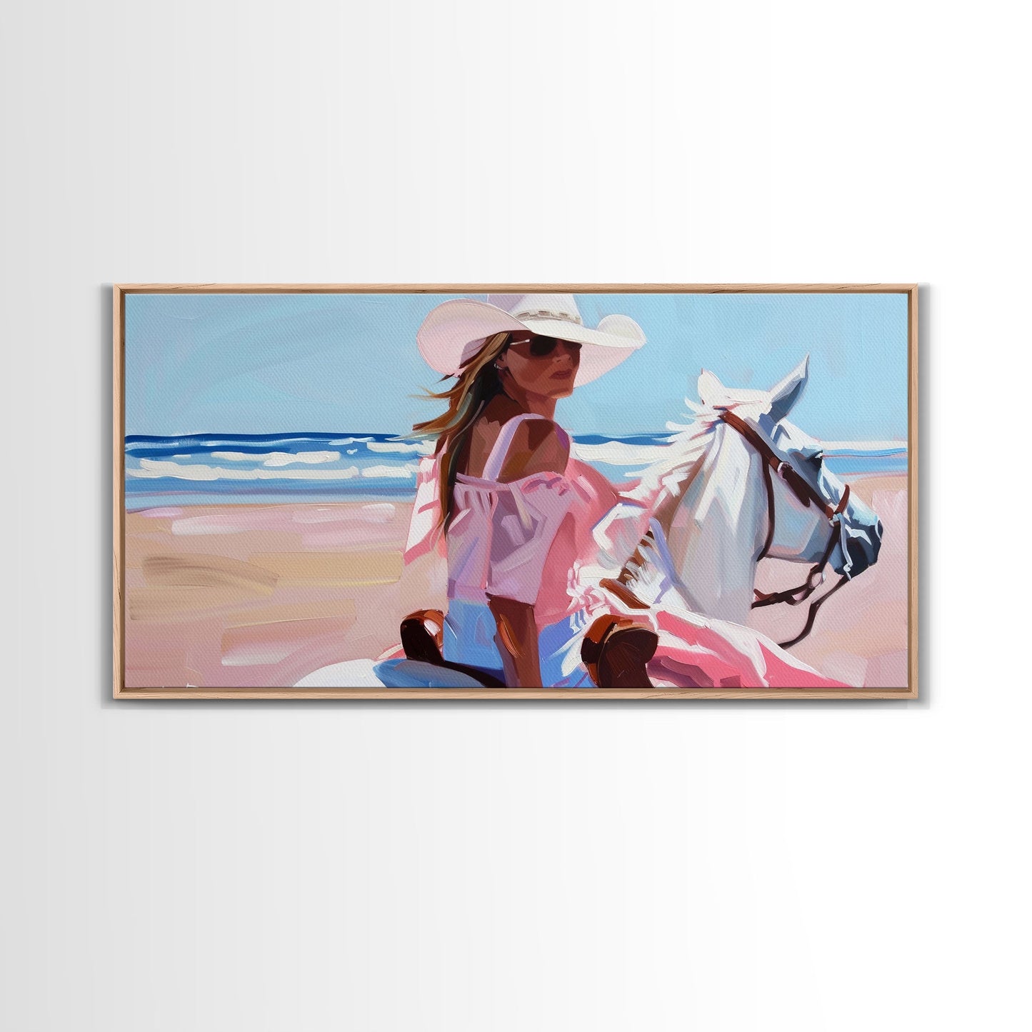 Elegant Cowgirl on Horse by the Shore, Beautiful Framed Canvas Print, Ideal for Coastal Living Room Art, Beach Bedroom Decor, Horse Wall Art