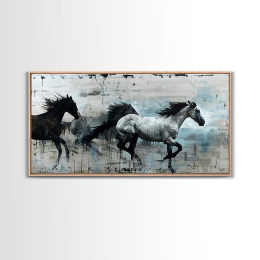 Black and White Horses Running in Abstract Landscape, Ideal Wall Art, Framed Canvas Print for Living Room or Bedroom Decor, Colorful Art