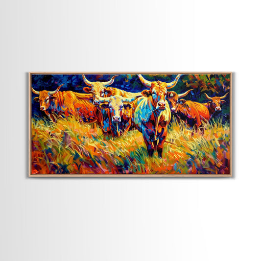 Beautiful Herd of Cattle in Colorful Style, Living Room Art, Framed Canvas Print, Bedroom Decor, Home Decoration, Artistic Farmhouse Decor