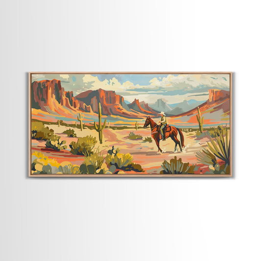 Serene Desert Scene with Cowboy, Ideal for Living Room Art, Framed Canvas Print, Bedroom Decor, Home Decoration, Southwestern Decor
