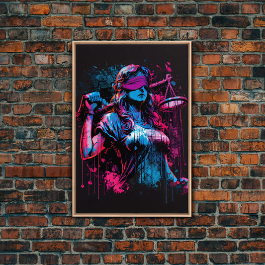 Graffiti art, lady justice, vaporwave cyberpunk justice is blind, fine art poster print