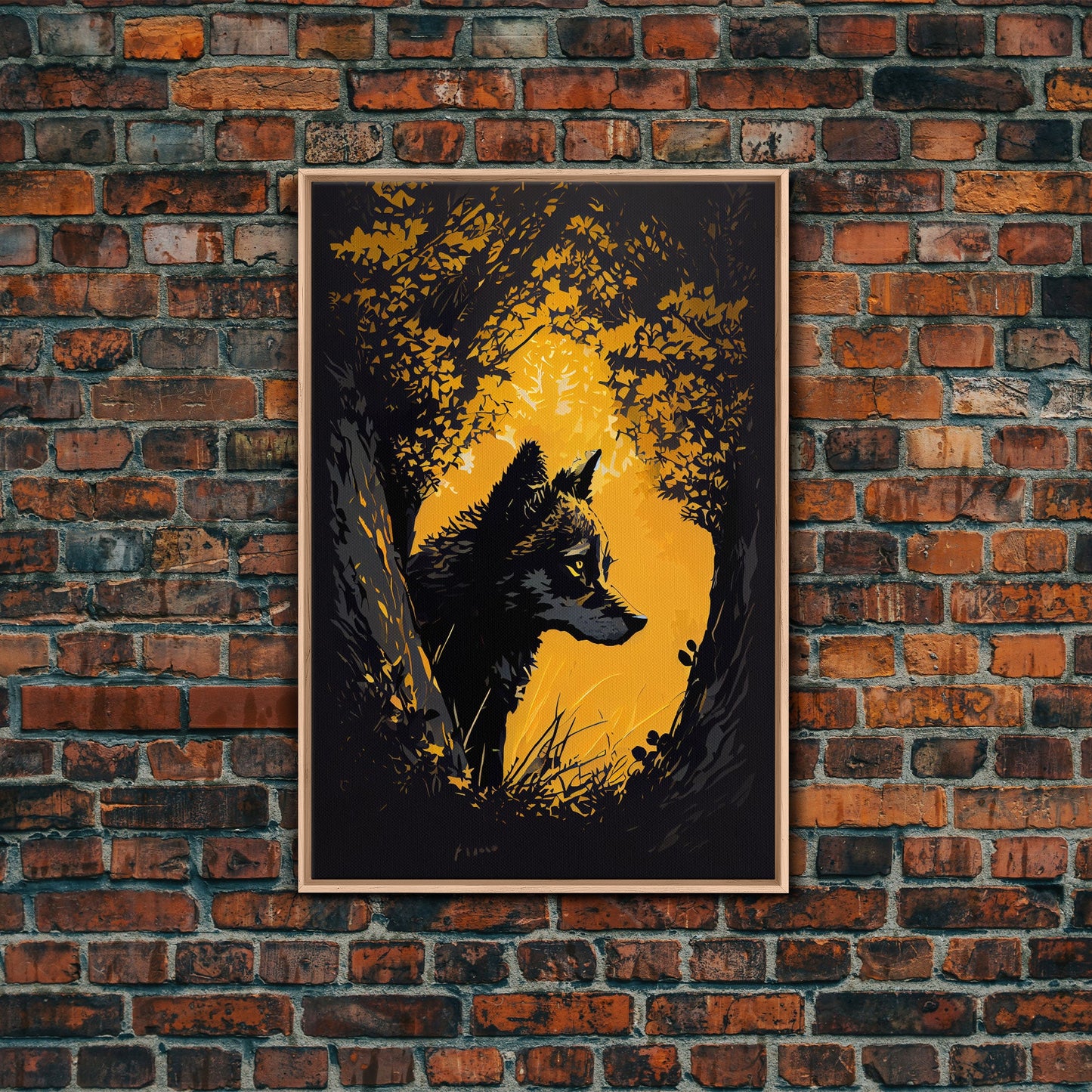 Watercolor of a wolf in the forest, framed canvas print