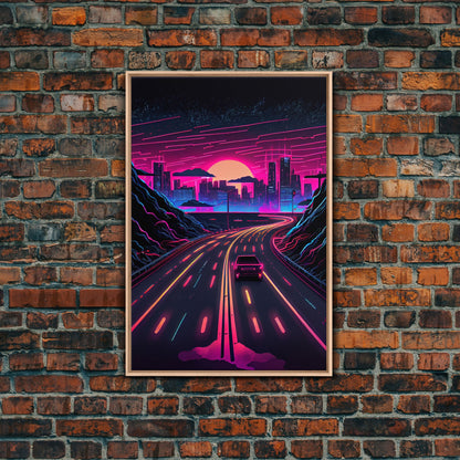 The Drive, Retrowave Outrun Style City Skyline Sunset, 80s Vibes, Framed Canvas Print