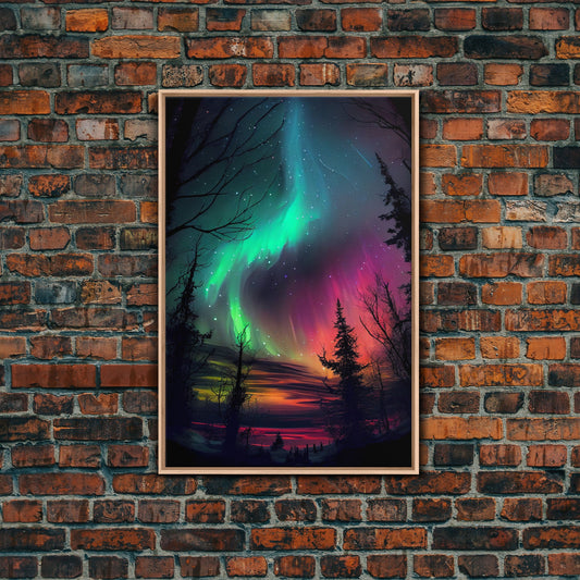 Aurora Borealis, Northern Lights Art, framed canvas print, snow capped mountain landscape art