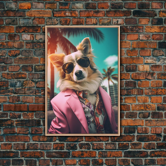 Corgi Wall Print, Dog Wall Art, Dog Sunglasses, Pink Suit, Floral Shirt, Funny Art, Framed Wall Art, Framed Canvas, Wall Print, Wall Canvas