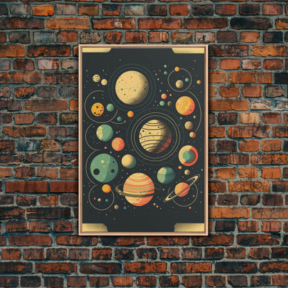 Art Deco Inspired Planetary Solar System Art, Framed Canvas Print, Cute Nursery Decor