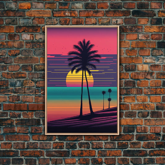 Synthwave Sunset, Retro Office Art, 80s Vibes, Framed Canvas Print, Framed Art, Trendy Wall Hanging