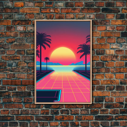 Retro Synthwave Sunset Canvas Print w/ Infinite Pool & Palm Trees | Framed Wall Decor | Framed Canvas Prints | Living Room Decor