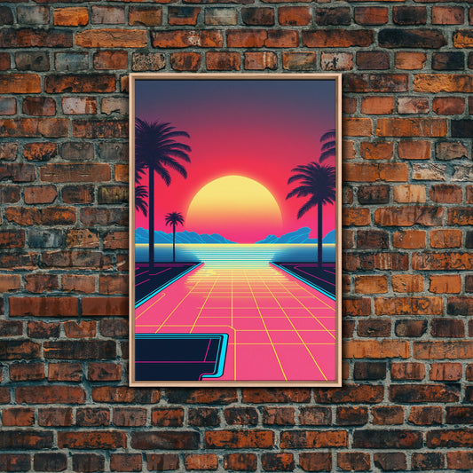 Retro Synthwave Sunset Canvas Print w/ Infinite Pool & Palm Trees | Framed Wall Decor | Framed Canvas Prints | Living Room Decor
