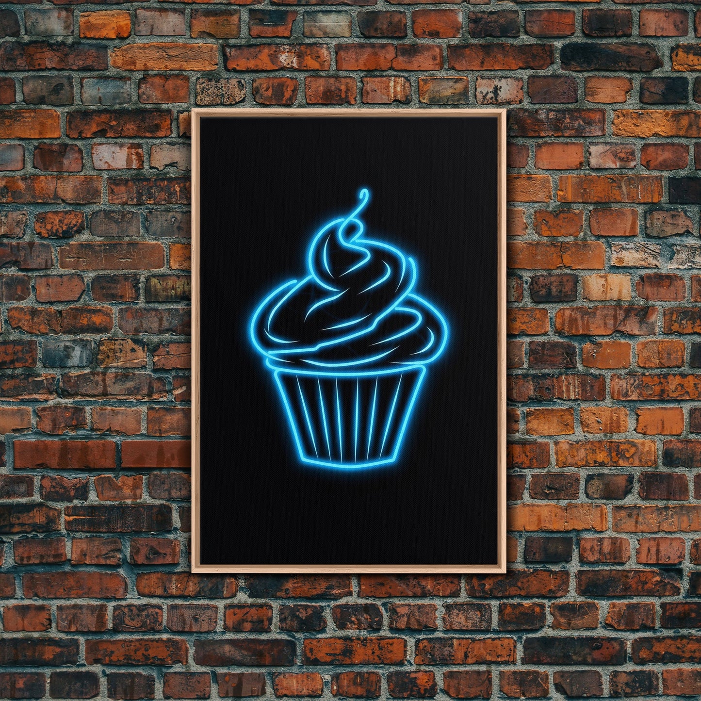 Blue Neon Lights Cupcake Wall Decor, Kitchen Wall Art, Glowing Art, Minimalist Print, Wall Decor, Canvas Print, Wall Art, Framed Canvas
