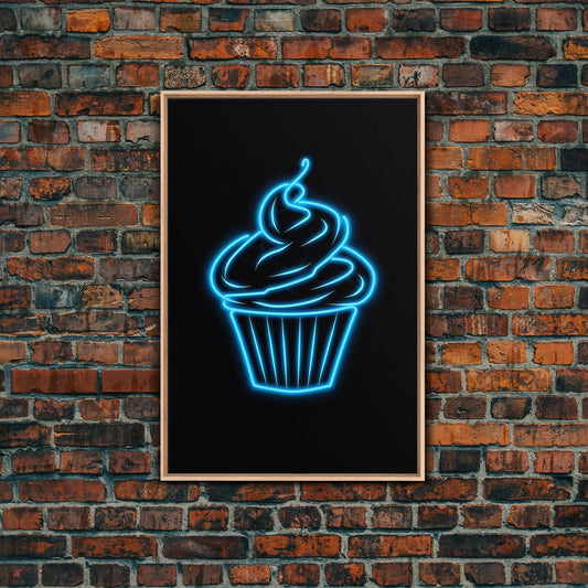 Blue Neon Lights Cupcake Wall Decor, Kitchen Wall Art, Glowing Art, Minimalist Print, Wall Decor, Canvas Print, Wall Art, Framed Canvas
