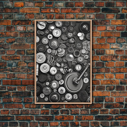 Buttons Wall Decor, Sewing Room, Craft Room, Black And White, Minimalist Print, Wall Decor, Canvas Print, Wall Art, Framed Canvas