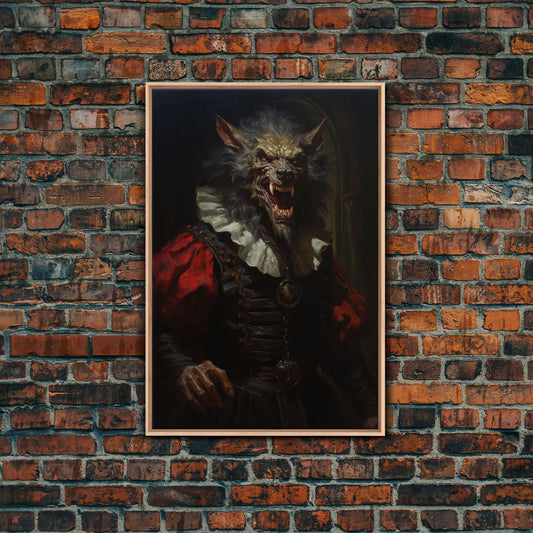 Victorian Business Werewolf Workin' 9 to 5, Framed Canvas, Halloween Canvas Print, Vintage Halloween Funny Gothic Decor