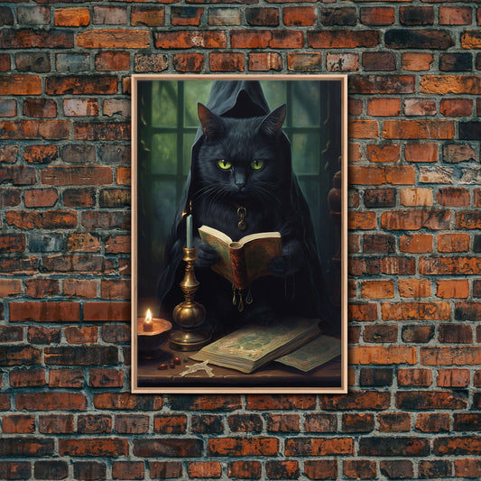 Black Cat Witch's Familiar Casting Spells, Spellbook, Framed Canvas Print, Vintage Halloween Decor, Halloween Wall Art, Witch Wall Art