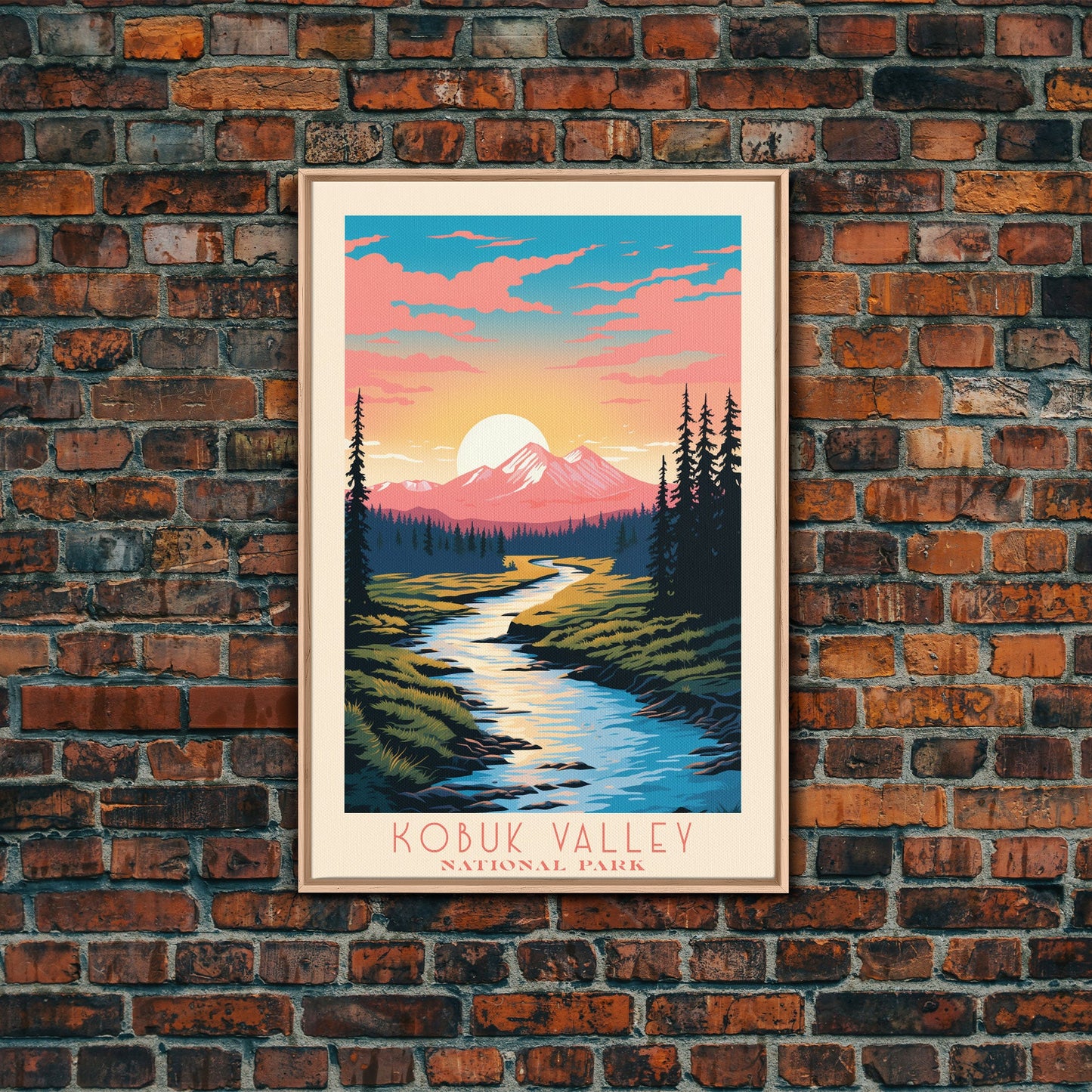 Kobuk Valley Nationalpark, Alaska Reisekunst, Nationalpark-Druck, Minimalistische Reisekunst, Landschaft im Midcentury Modern Retro-Stil