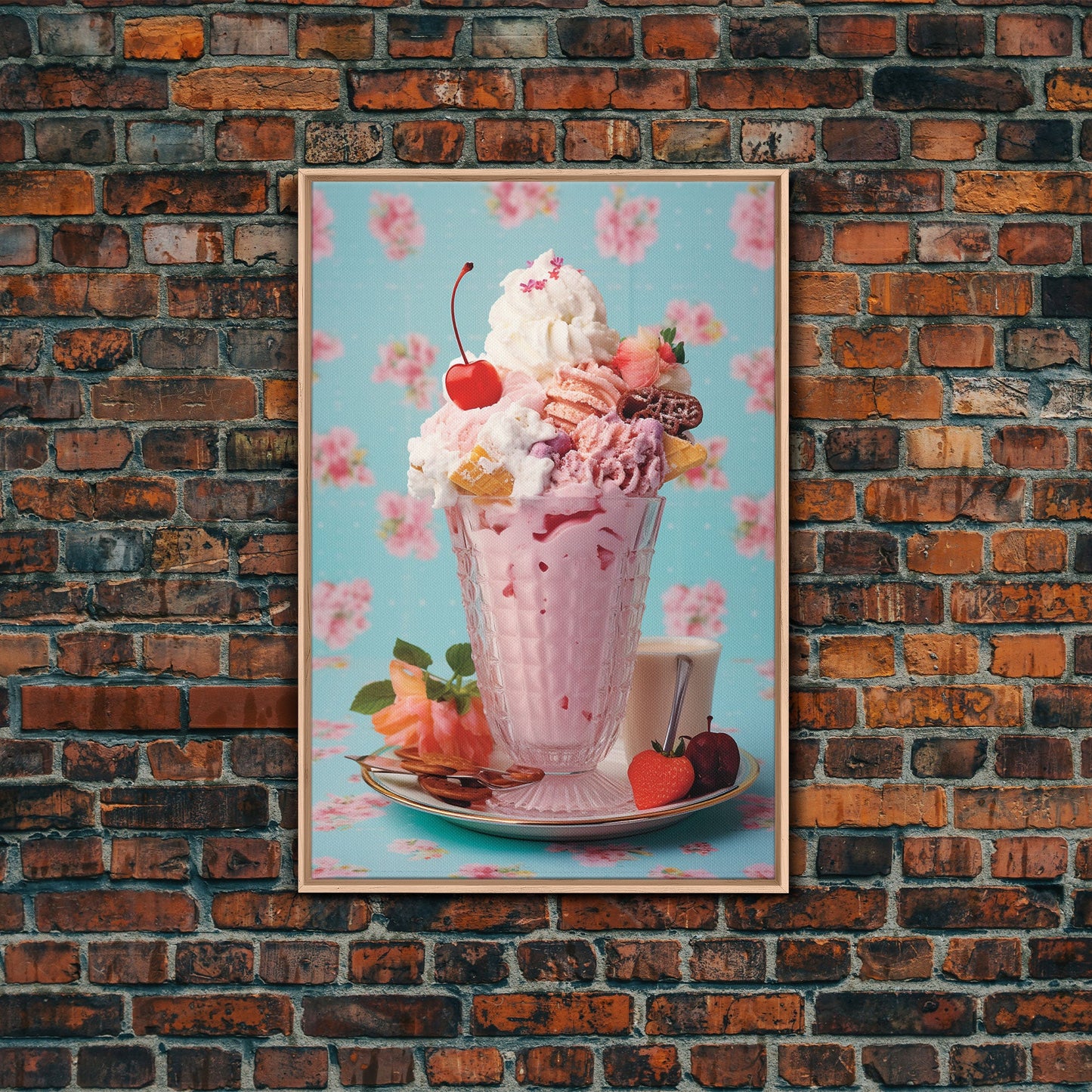 A Strawberry Sunday, Ice Cream Art, Framed Canvas Print, Ice Cream Parlor Decor, Icecream Shop Wall Art, MCM Style Decor, Kitchen decor
