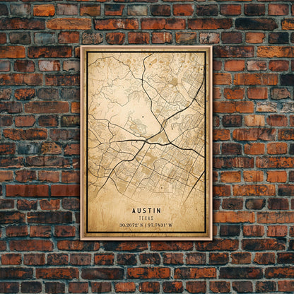 Austin Map Print Canvas or Poster, Texas Map Art, Texas Map Print, Vintage Austin Texas Map Framed Art, Retro / Distressed Office Art