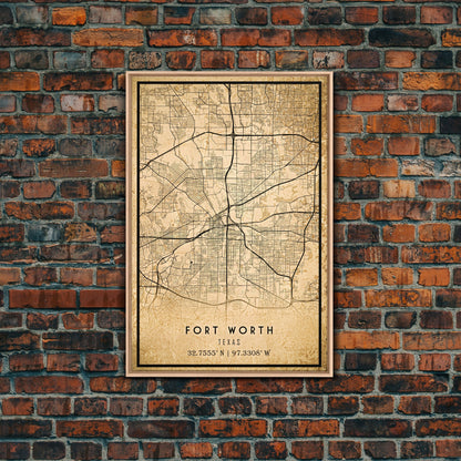 Fort Worth map print poster or framed canvas, Texas map print poster canvas, Fort Worth city map print poster canvas, Panther City