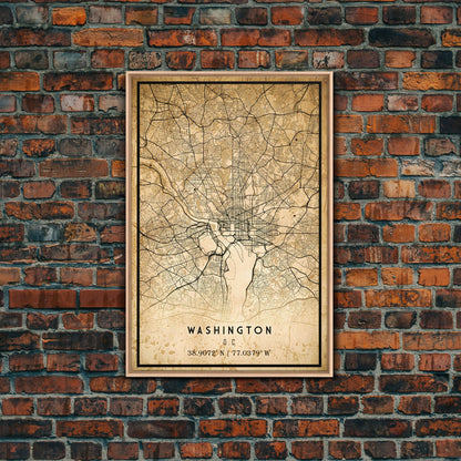 Vintage Washington map print poster or framed canvas | Washington dc city map print poster canvas | District of Columbia print poster canvas