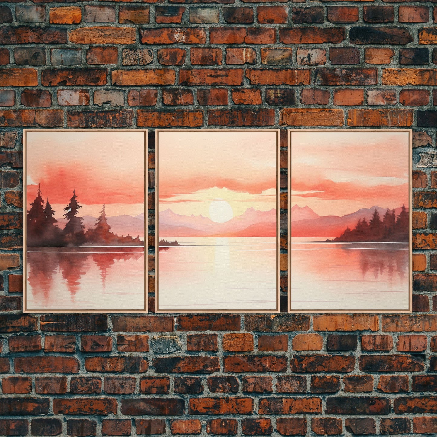 Beautiful Red Lake Sunset 3 Piece Framed Canvas Print Set, Above Sofa Art, Living Room Decor, Beautiful Wall Art, Watercolor Painting