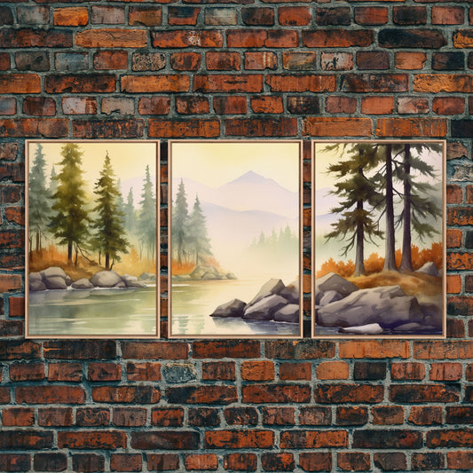 Beautiful Wall Art 3 Piece Canvas Print Framed Wall Decor, Watercolor Landscape Painting Print, Pacific Northwest, Oregon Art