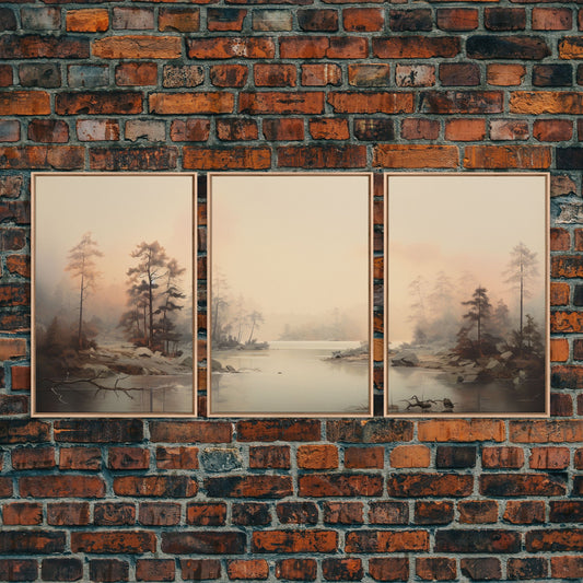 3 Piece Triptych Canvas Print Set, Watercolor Landscape Painting, Beautiful River Scene, Minimalist Boho Decor