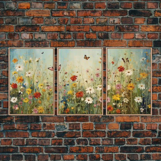 Beautiful Wildflowers Triptych, Wild Flower Art, Watercolor Floral Framed Canvas Print, Wall Art, Rustic Farmhouse Decor, 3 Piece Set