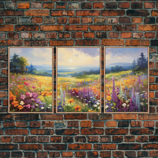 Beautiful Wildflowers Triptych, Wild Flower Art, Watercolor Floral Framed Canvas Print, Wall Art, Rustic Farmhouse Decor, 3 Piece Set