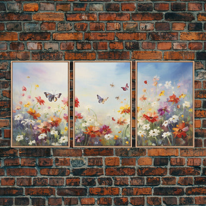 Butterly Wall Print, Wildflower Wall Art, Wildflower Meadow, Canvas Print, Set Of 3 Prints, Wall Art, 3 Piece Wall Art, Botanical Art