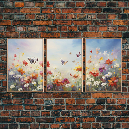 Butterly Wall Print, Wildflower Wall Art, Wildflower Meadow, Canvas Print, Set Of 3 Prints, Wall Art, 3 Piece Wall Art, Botanical Art