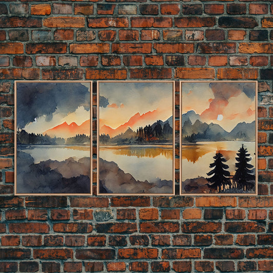 3 Piece Canvas Wall Decor, Ready To Hang Canvas Prints, Watercolor Of A Forest Fire, Orange Landscape Sunset Art, Canvas Wall Decor