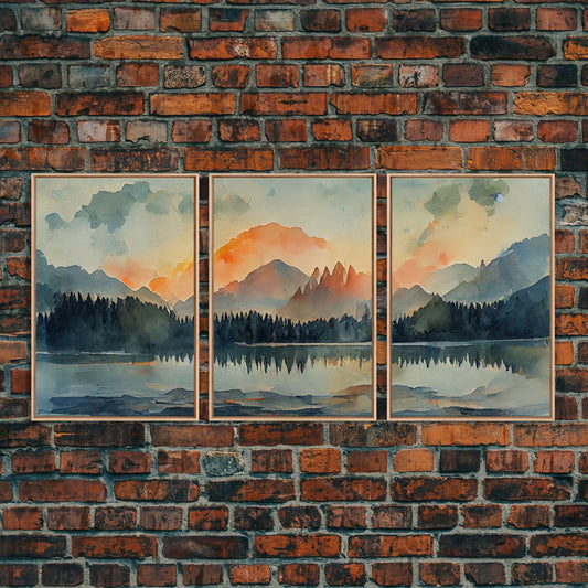 A Forest Fire, 3 Piece Canvas Wall Decor, Ready To Hang Canvas Prints, Watercolor, Orange Landscape Sunset Art, Canvas Wall Decor